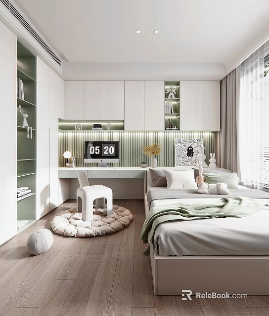 Modern Tatami Bedroom Interior Design With Platform Bed Built-in Shelves Soft Cushions And Round Rug 3d model 