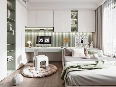 Modern Tatami Bedroom Interior Design With Platform Bed Built-in Shelves Soft Cushions And Round Rug 3d model