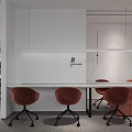Modern Public Office Space Featuring Display Wall Seating Bench And Glass Shelves 3d model