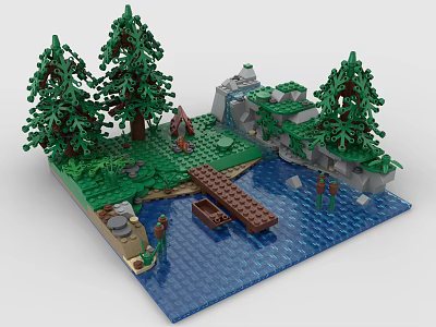 Building Blocks Forest Scene With Waterfall Small Boat Wooden Bridge And Green Trees 3d model