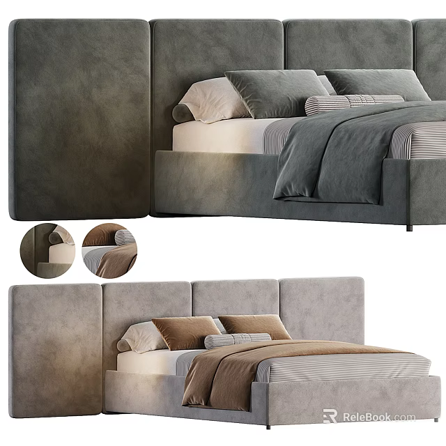 Modern Upholstered Double Bed With Soft Pillows And Cozy Neutral Bedding 3d model