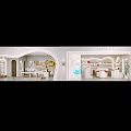 Modern Mall Store Interior With Curved Design Wooden White Counters And Hanging Lights