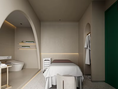 Modern Beauty Salon Interior With Massage Bed White Bathrobe Arched Design And Light Colored Walls 3d model