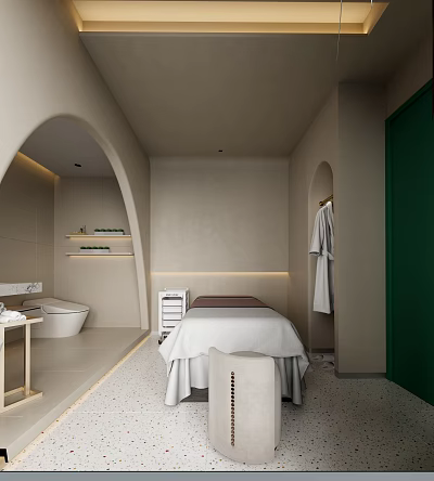 Modern Beauty Salon Interior With Massage Bed White Bathrobe Arched Design And Light Colored Walls 3d model