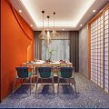 Private Dining Room With Red Accent Wall Blue Curtains Dining Table Chairs And Chinese Murals