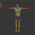 Bald Shirtless Man in Red Striped Shorts with Arms Outstretched Against Gray Background