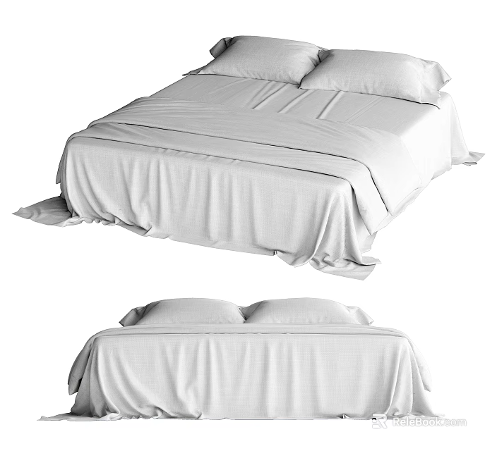 Double Bed With White Bedspread Two Pillows And Simple Design 3d model 