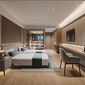 Modern Hotel Room Interior With Double Bed Nightstand Lamp TV Wall Desk Chair Wooden Floor