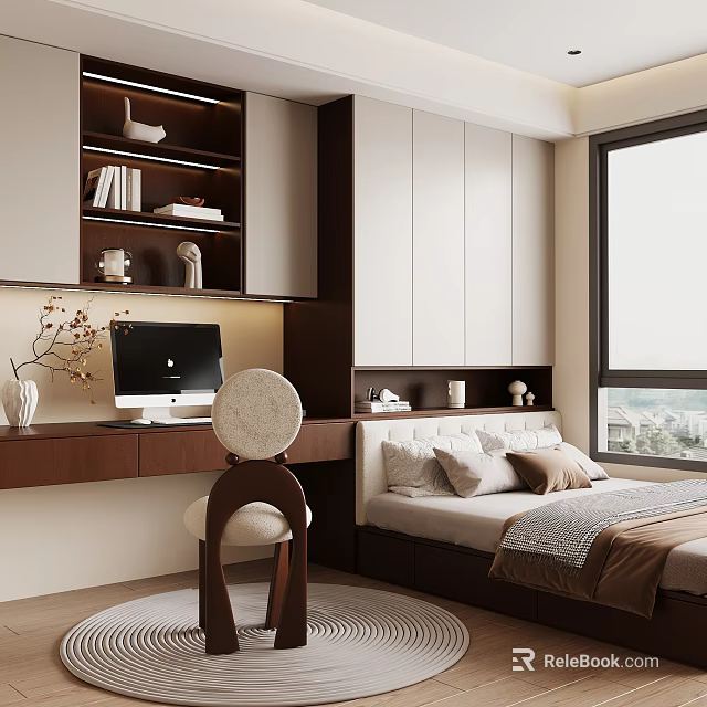Tatami Bedroom Interior Design With Desk Computer Bookshelf Window And Pillows 3d model 