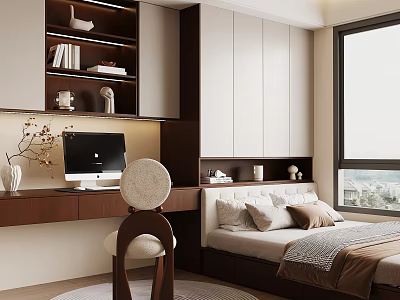 Tatami Bedroom Interior Design With Desk Computer Bookshelf Window And Pillows 3d model