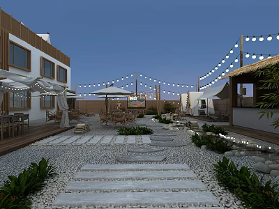 Serene Garden Landscape With Stone Path Outdoor Seating Green Plants And String Lights 3d model