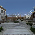 Serene Garden Landscape With Stone Path Outdoor Seating Green Plants And String Lights