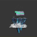 Cartoon Scene Blue Ice Block With Green And Blue Flames White Clouds Splashing Fragments