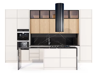 Modern Kitchen Interior With White And Wooden Cabinets Black Range Hood And Island Countertop 3d model