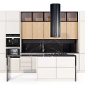 Modern Kitchen Interior With White And Wooden Cabinets Black Range Hood And Island Countertop