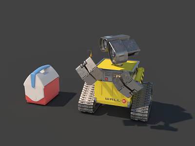Smart Robot WALL·E Yellow Tracked With Mechanical Arm And Red White Cooler 3d model