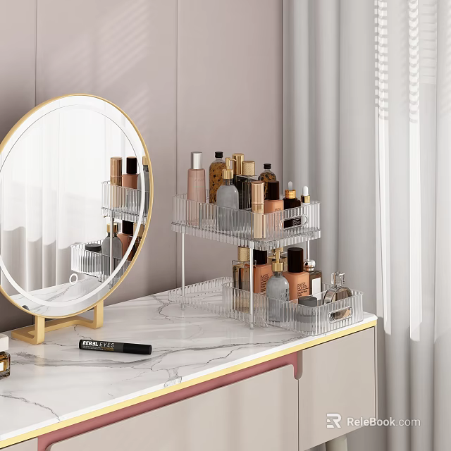 Elegant Transparent Multi Layer Shelf Organizer for Cosmetics and Skincare Products on Marble Dressing Table 3d model 