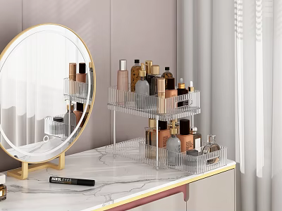 Elegant Transparent Multi Layer Shelf Organizer for Cosmetics and Skincare Products on Marble Dressing Table 3d model