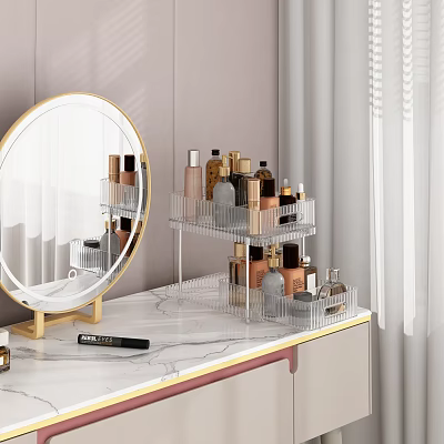 Elegant Transparent Multi Layer Shelf Organizer for Cosmetics and Skincare Products on Marble Dressing Table 3d model