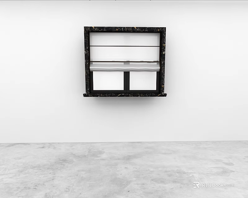 White Curtains On Black Framed Window In Minimalist Interior With Gray Floor 3d model 