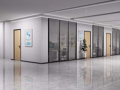Modern Service Hall Interior With Glass Partitions Wooden Doors And Potted Plant 3d model