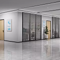 Modern Service Hall Interior With Glass Partitions Wooden Doors And Potted Plant