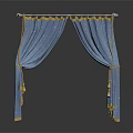 Elegant Blue Curtain With Gold Accents Draped On Decorative Metal Rod