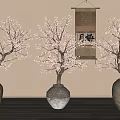 Indoor Bonsai Plum Blossom Trees in Clay Pots with Hanging Scroll and Beige Wall