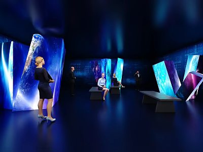 People Engaging In Interactive Digital Exhibition Space With Large Screens And Colorful Visuals 3d model