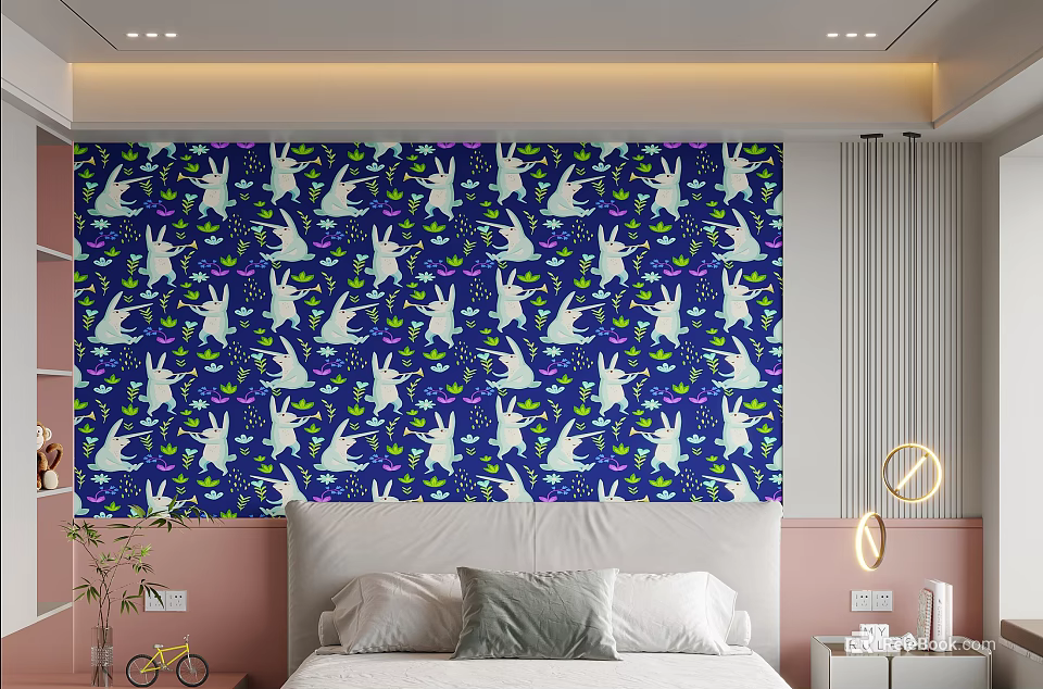 Bedroom Accent Wall Decorated With Cartoon Rabbit And Hat Patterns 3d model 