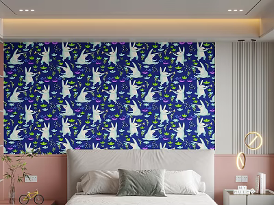 Bedroom Accent Wall Decorated With Cartoon Rabbit And Hat Patterns 3d model