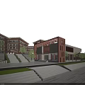 Modern Multi Story Campus School Building With Stone Steps Lawn Trees And Entrance