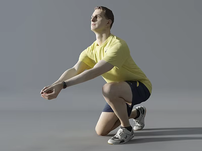 Man in Yellow Shirt Dark Shorts Kneeling with Extended Hands Wearing Glasses on Gray Background 3d model