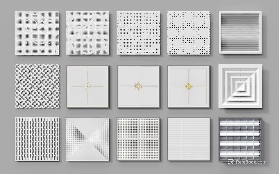 White Ceiling Panels With Various Decorative Geometric Patterns Perforated And Grid Designs 3d model