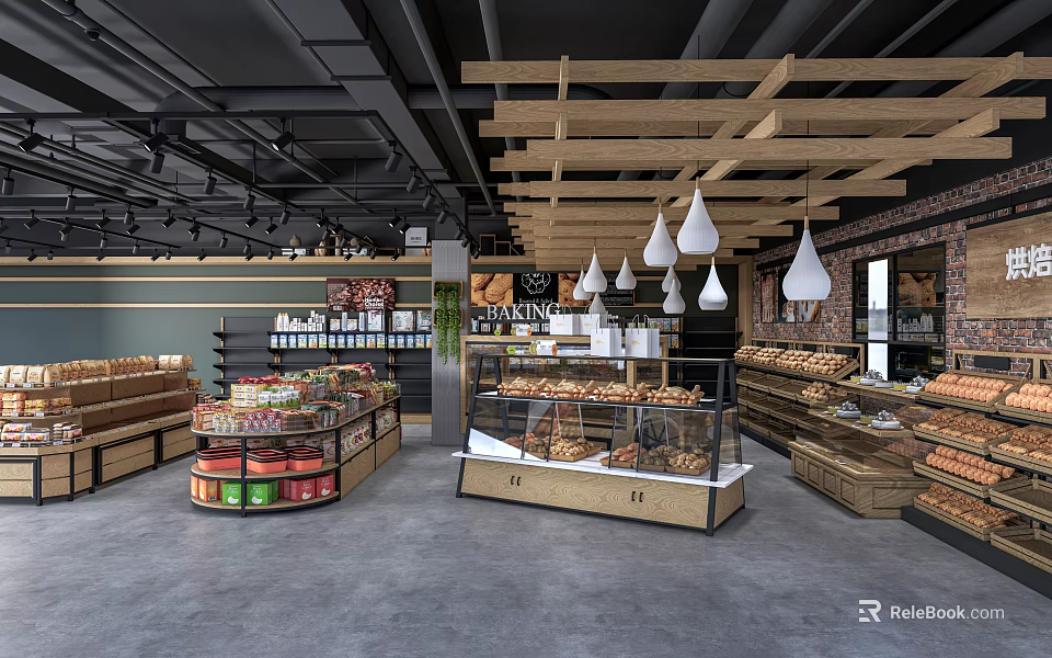 Mall Hall With Wooden Ceiling Pendant Lights Glass Display Cases And Fruit Bakery Displays 3d model 