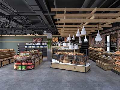 Mall Hall With Wooden Ceiling Pendant Lights Glass Display Cases And Fruit Bakery Displays 3d model