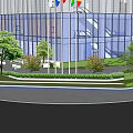 Commercial Landscape With Modern Glass Curtain Wall Entrance Canopy Golden Sculpture Trees And Paved Plaza