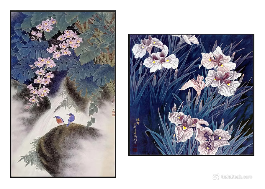 Traditional Botanical Paintings With Pink Flowers Green Leaves And White Purple Irises 3d model 