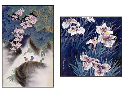 Traditional Botanical Paintings With Pink Flowers Green Leaves And White Purple Irises 3d model