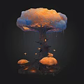Unique Mushroom Cloud Structure With Orange Blue Top Root Base And Small Orange Spheres 3d model