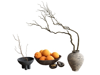 Ornaments Vase Plant Dead Branches Orange Potted Plant 3d model