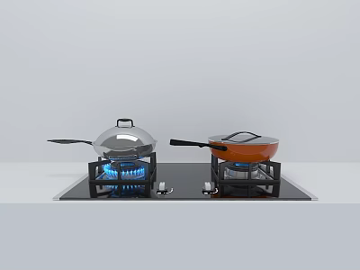 Modern Kitchen Appliances Featuring Gas Stove With Blue Flame And Electric Cooktop With Pans 3d model