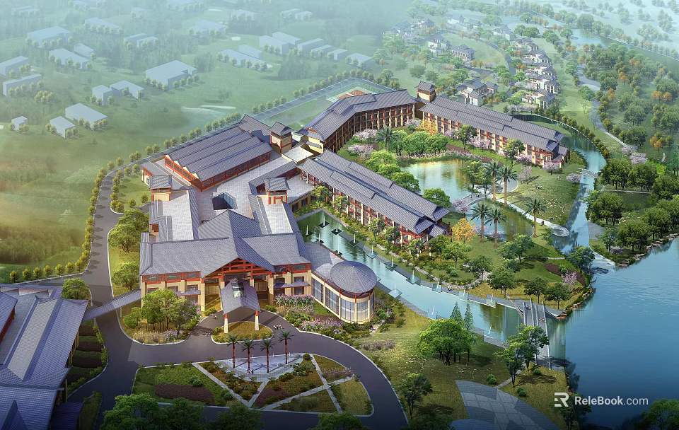 Aerial Planning of Luxury Resort Complex With Lakes Rivers Green Landscape and Traditional Roof Design 3d model 