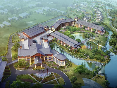Aerial Planning of Luxury Resort Complex With Lakes Rivers Green Landscape and Traditional Roof Design 3d model