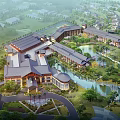Aerial Planning of Luxury Resort Complex With Lakes Rivers Green Landscape and Traditional Roof Design