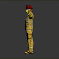 Firefighter In Yellow Fire Suit With Red Helmet And Yellow Gloves Arms Outstretched Dark Background