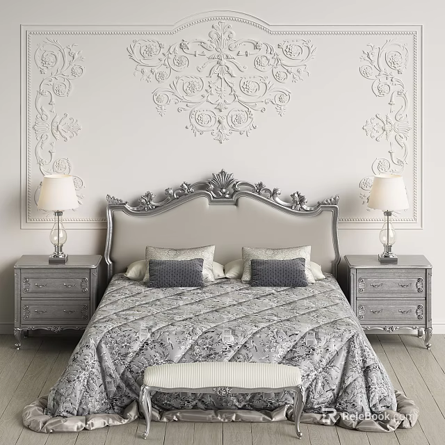 Luxurious Double Bed With Ornate Carved Headboard White Embossed Wall Matching Nightstands And Table Lamps 3d model 