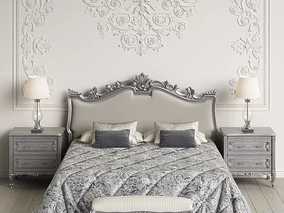 Luxurious Double Bed With Ornate Carved Headboard White Embossed Wall Matching Nightstands And Table Lamps 3d model