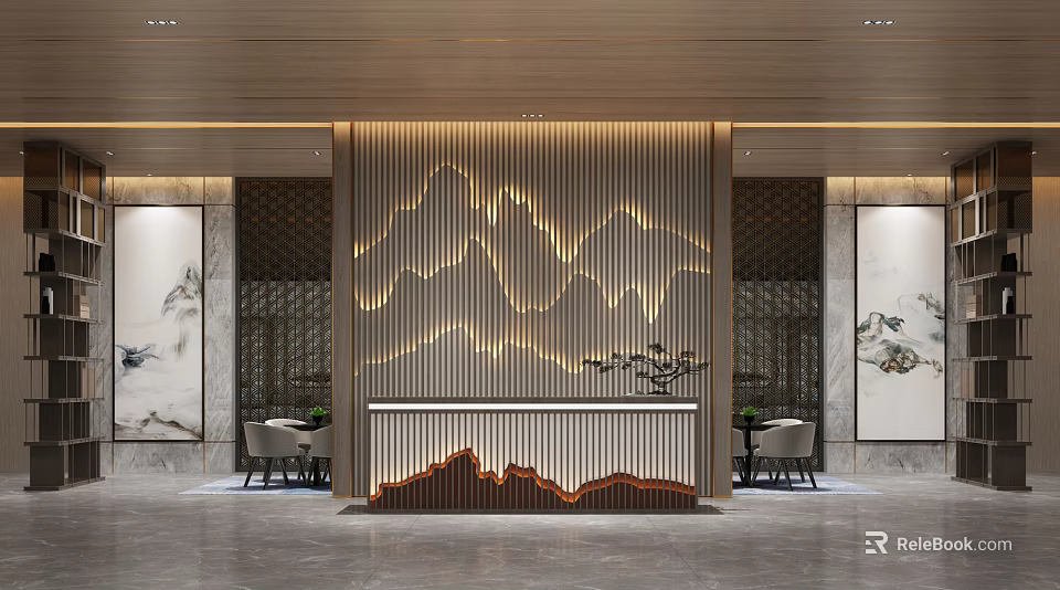 Elegant Modern Reception Desk Interior With Wooden Slat Backdrop And Mountain Pattern Lighting 3d model 