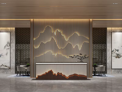 Elegant Modern Reception Desk Interior With Wooden Slat Backdrop And Mountain Pattern Lighting 3d model